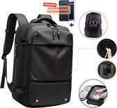 Zwarte 60L CarryQuest Zen Pro rugzak met rode stiksels, TSA-slot, vakken en een ingebouwde pomp. Inclusief JuiceBoxx® powerbank.