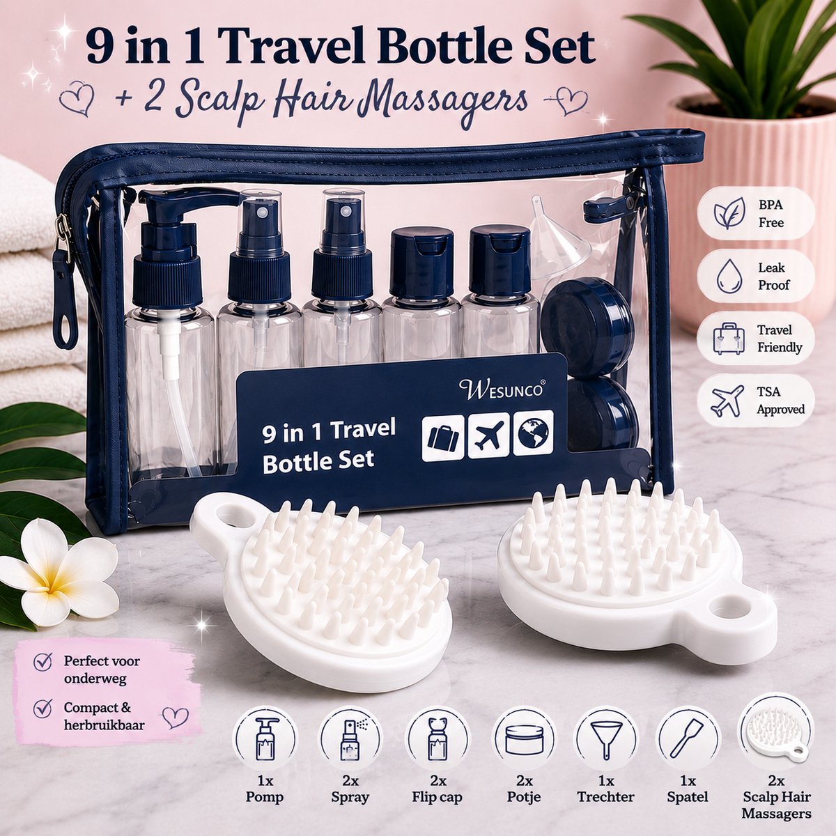 Reisflesjes Handbagage 9-delig - Reisaccessoires - Reisflacons - Cosmetica Potjes - Reis Flesjes - Reisverpakking - Reisset -Bouteilles de voyage Blauw