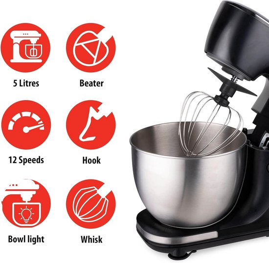 Keukenmachine - Mixer Kom - Bakken En Koken - Met Kom Verlichting - 5 Liter Kom - Zwart — afbeelding 3