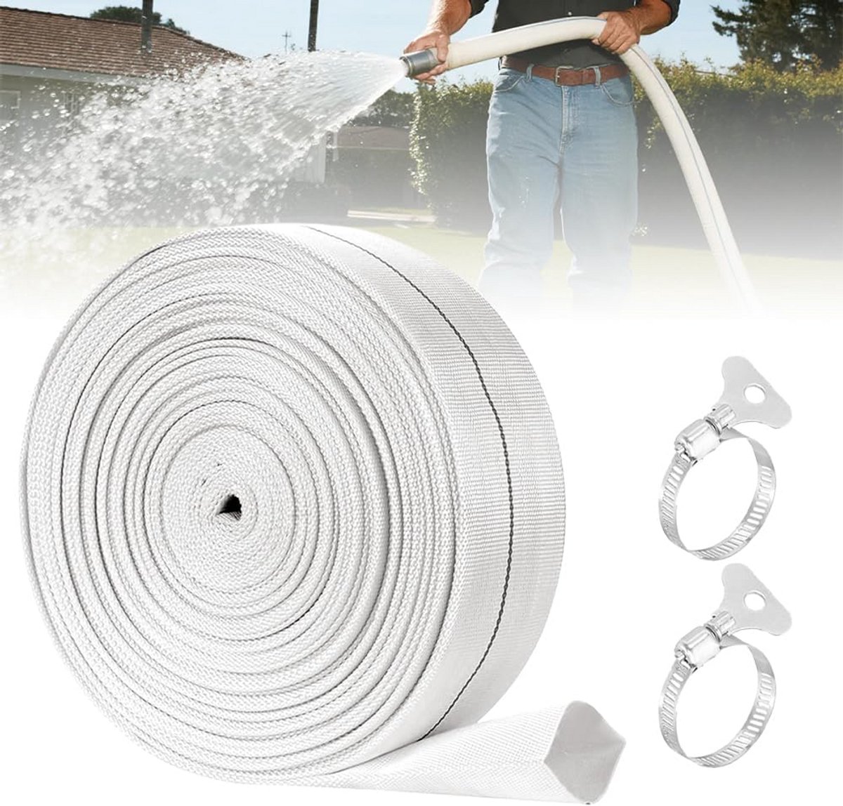 Platte Slang Set - Industriële Slang Tuinslang - Water Verplaatsen - Hoge Waterdoorstroming - 10 Meter 32mm - Wit