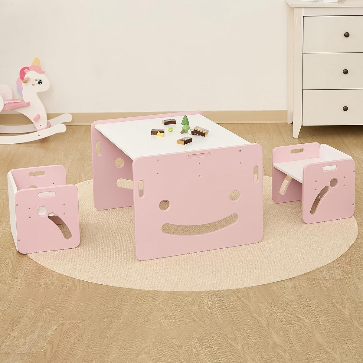 Montessori tafel - Peuter set - Spelletjes en leren - Inclusief 2 stoelen - 66 x 56 x 10 c