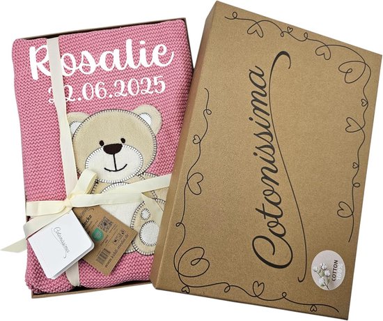 Luxe Gepersonaliseerde Babydeken Katoen - Ideaal Kraamcadeau, Doop of Babyshower - Oudroze Beer van LUXE. — afbeelding 3