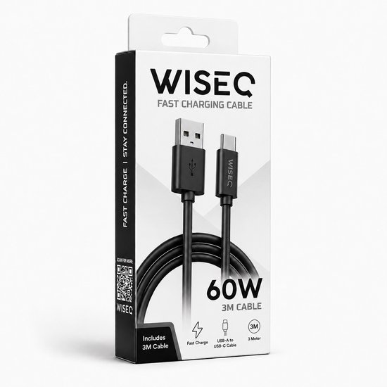 WiseQ verpakking met zwarte 3 meter lange USB-A naar USB-C kabel, 60W.