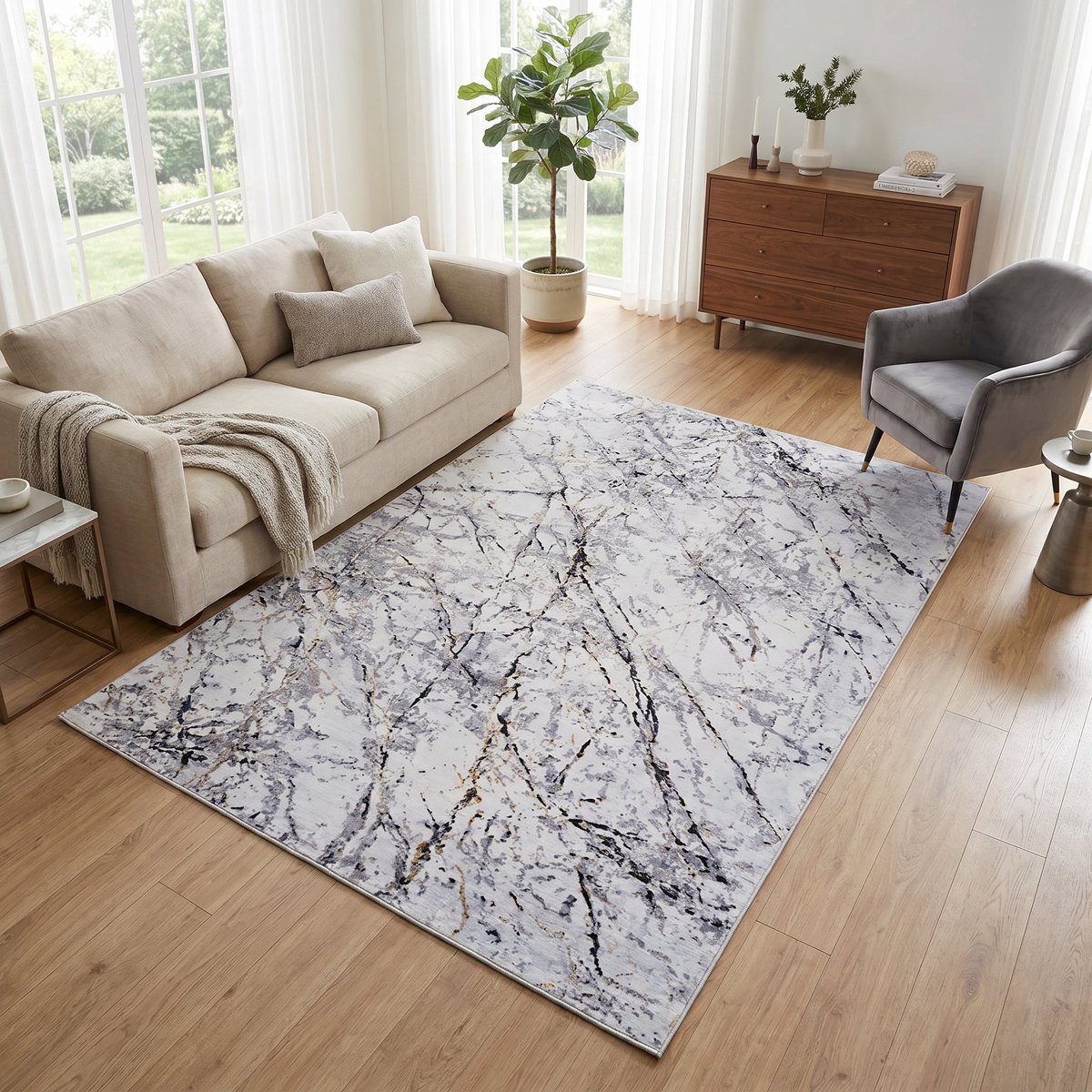 Tapiso Venezia Vloerkleed Woonkamer Laagpolig Grijs Zwart Marmereffect Modern Antislip Tapijt Slaapkamer Eetkamer Gang Oeko-Tex 120x170