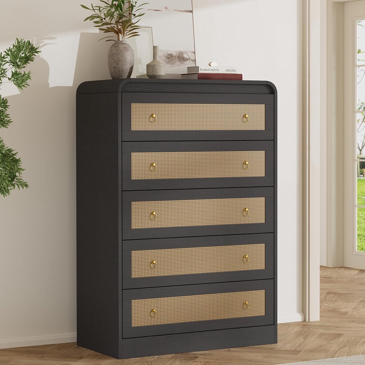 Ladekast met 5 Laden - Commode met Rotan Details - Moderne Houten Kast voor Slaapkamer, Woonkamer en Hal - 80 x 40 x 113 cm - Zwart