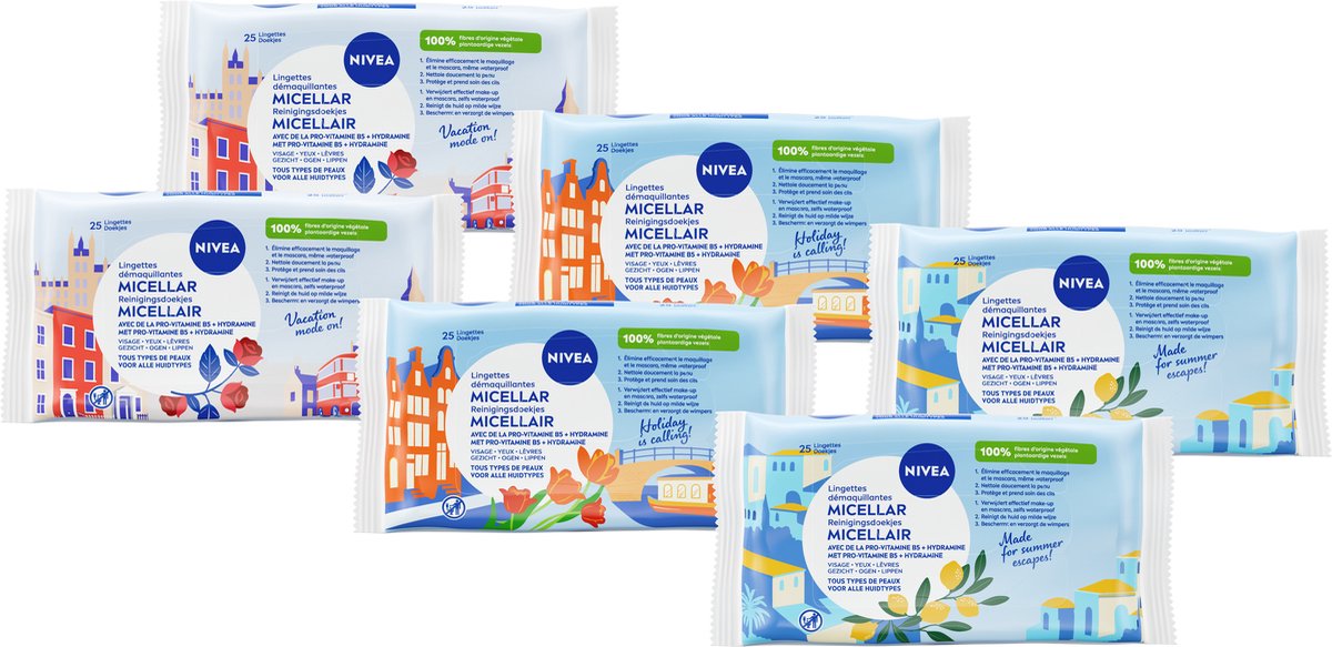 NIVEA 3-in-1 Verzorgende Reiniging Micellair Doekjes - Waterproof Make-up Remover - vitamine E - Voordeelverpakking - 6 stuks