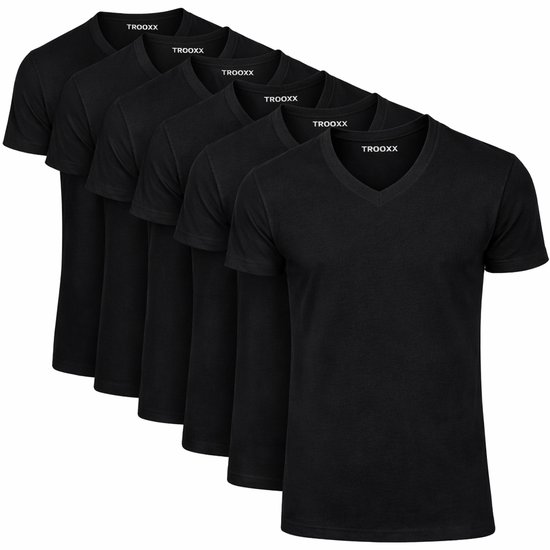 Zes zwarte T-shirts met V-hals van Trooxx, 100% katoen.