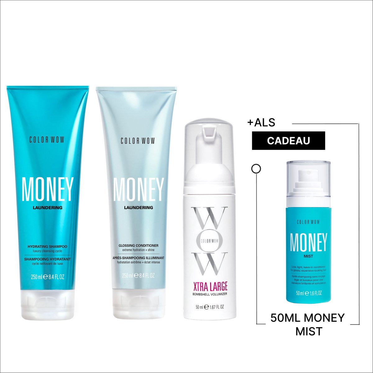 Color Wow Luxe Hydration & Volume Trio + Cadeau - Money Laundering Shampoo 250ml & Money Laundering Conditioner 250ml & Xtra Large Bombshell Volumizer 50ml + Money Mist 50ml cadeau - Fijn, droog, futloos en gekleurd haar