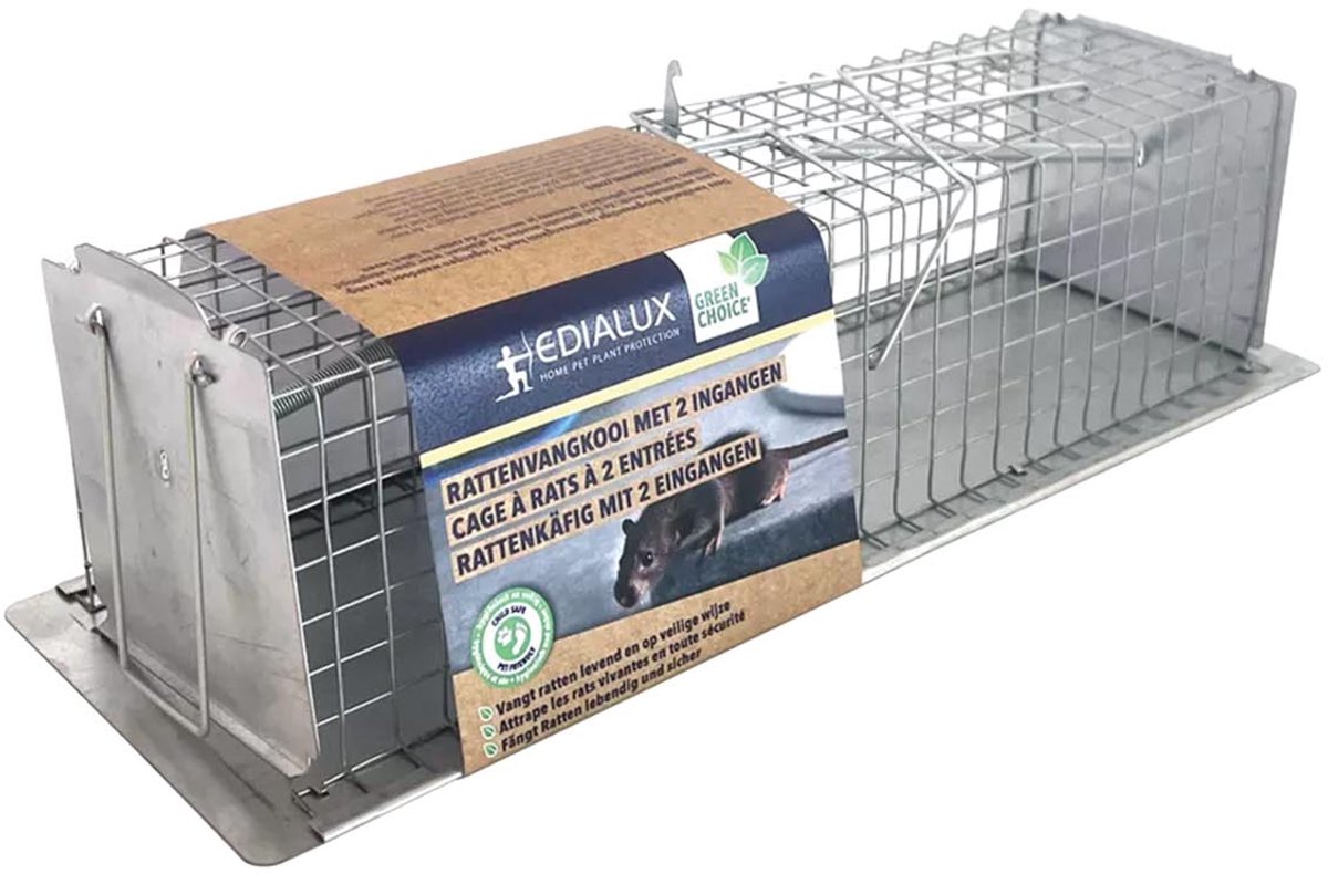 Edialux Rattenvangkooi gegalvaniseerd 2 ingangen, vangkooi voor ratten, diervriendelijke rattenval, levend vangen zonder gif, herbruikbaar, roestbestendig, binnen en buiten gebruik