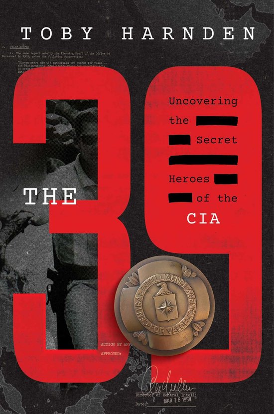 Boekomslag 'The 39' met rode cijfers 39, een CIA-medaille en zwart-witfoto tegen een donkergrijze, getextureerde achtergrond.