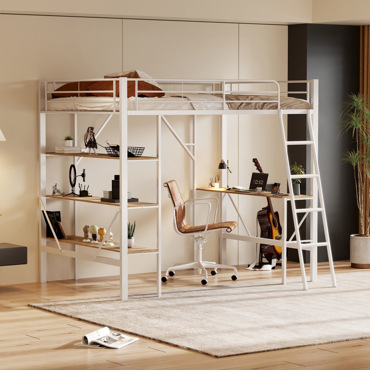 DESMIU Hochbed 90x200cm Zonder matras - Met Bureau En Drie Ruime Planken - Voor Studenten, Jeugd En Slaapkamer - MDF En Metaal - Wit