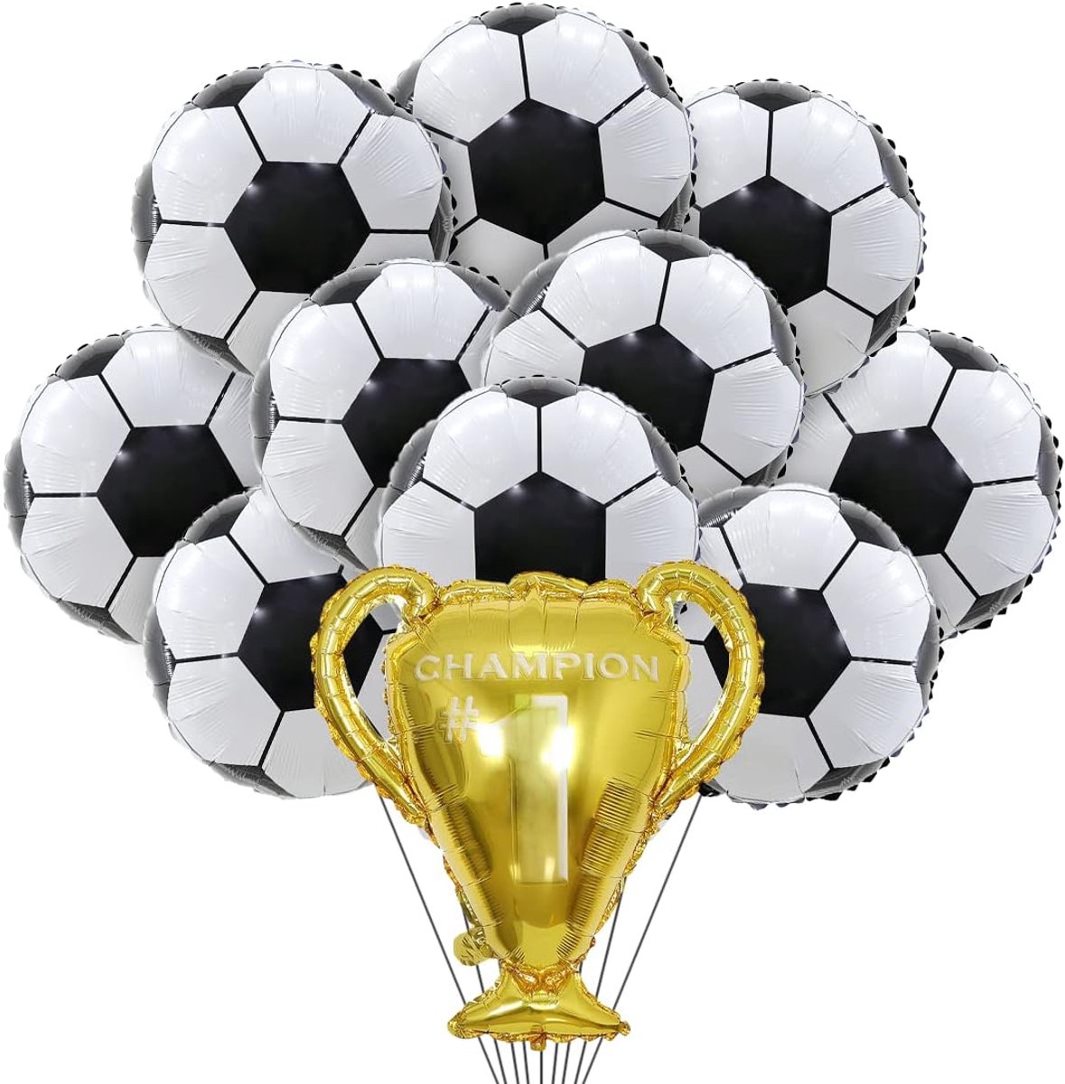 OLOEY Ballonnen in de vorm van een voetbaltrofee-10 folieballonnen in de vorm van een voetba-1 ballon in de vorm van een kampioenschapstrofee-geschikt voor jongens-kindere-verjaardagen-WK-feesten en decoraties