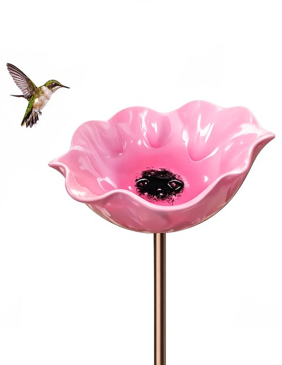 Vogelbad voor de tuin – Drinkplaats voor insecten – Bijenbad – Bloemmotief – Decoratie voor terras – Metalen bloem – Diameter 15 cm – Roze