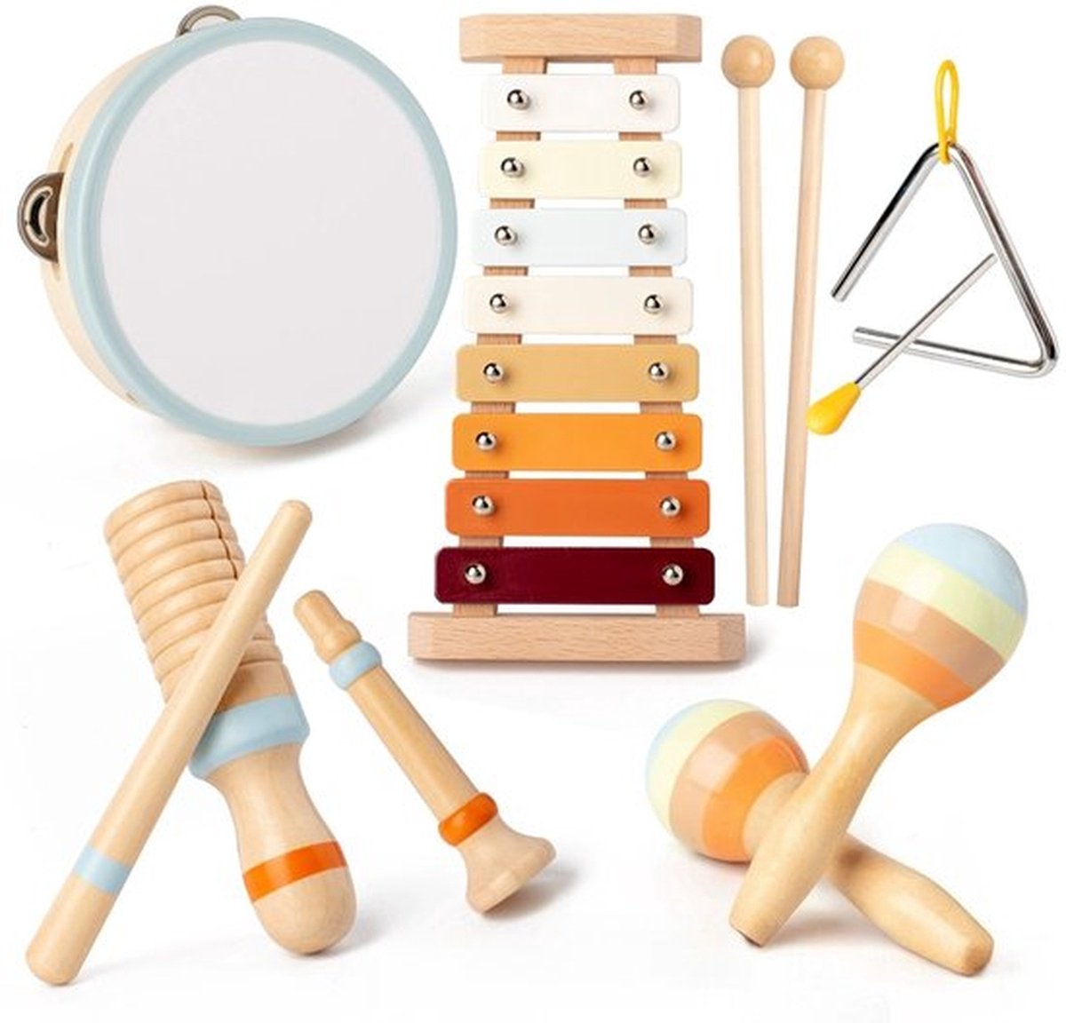 Montessori Early Learning 6-in-1 Houten Muziekspeelset | Muzikale Creativiteit Starterscadeaupakket Voor Kinderen Van 1-3 Jaar · Bevat Xylofoon, Zandshaker En Tamboerijn · Speelgoed Voor Sensorische Ontwikkeling Voor Ouder-kindinteractie