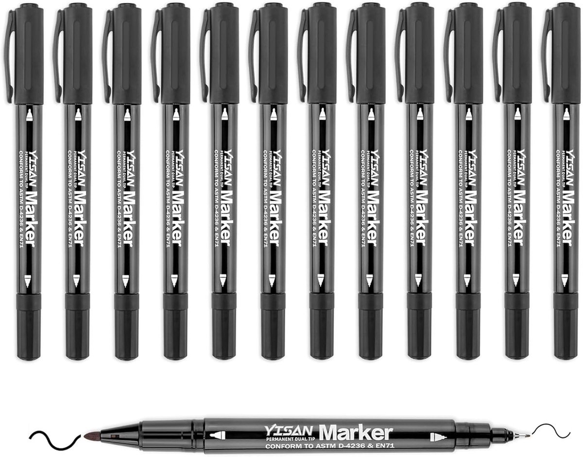 Permanent Markers 12 Stuks - Dubbel Tip - Waterproof - Ideaal voor Diverse Oppervlakken - ShopVlot