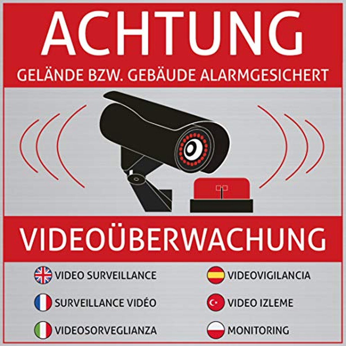Waarschuwing Stickers - Bewakingscamera Bordjes - Inbraak Voorkomen - Roestvrijstalen Look - 6 Stuks 10 cm - Zilver Rood