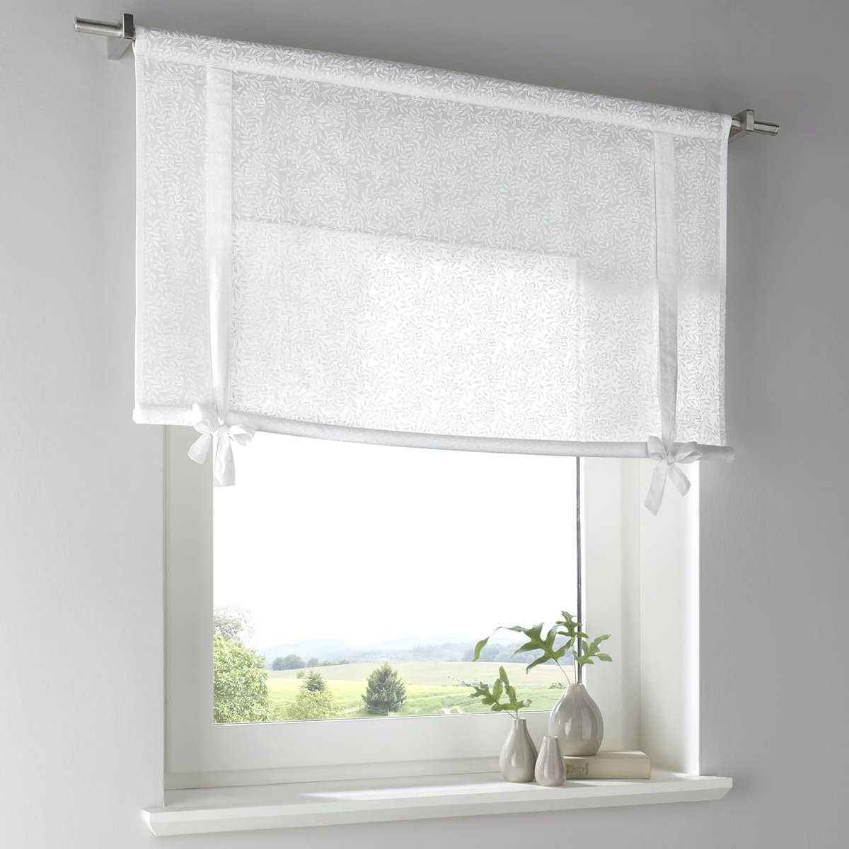 Vouwgordijn van 100% katoen - halftransparant - wit met bloemenpatroon - breedte 120 x hoogte 100 cm