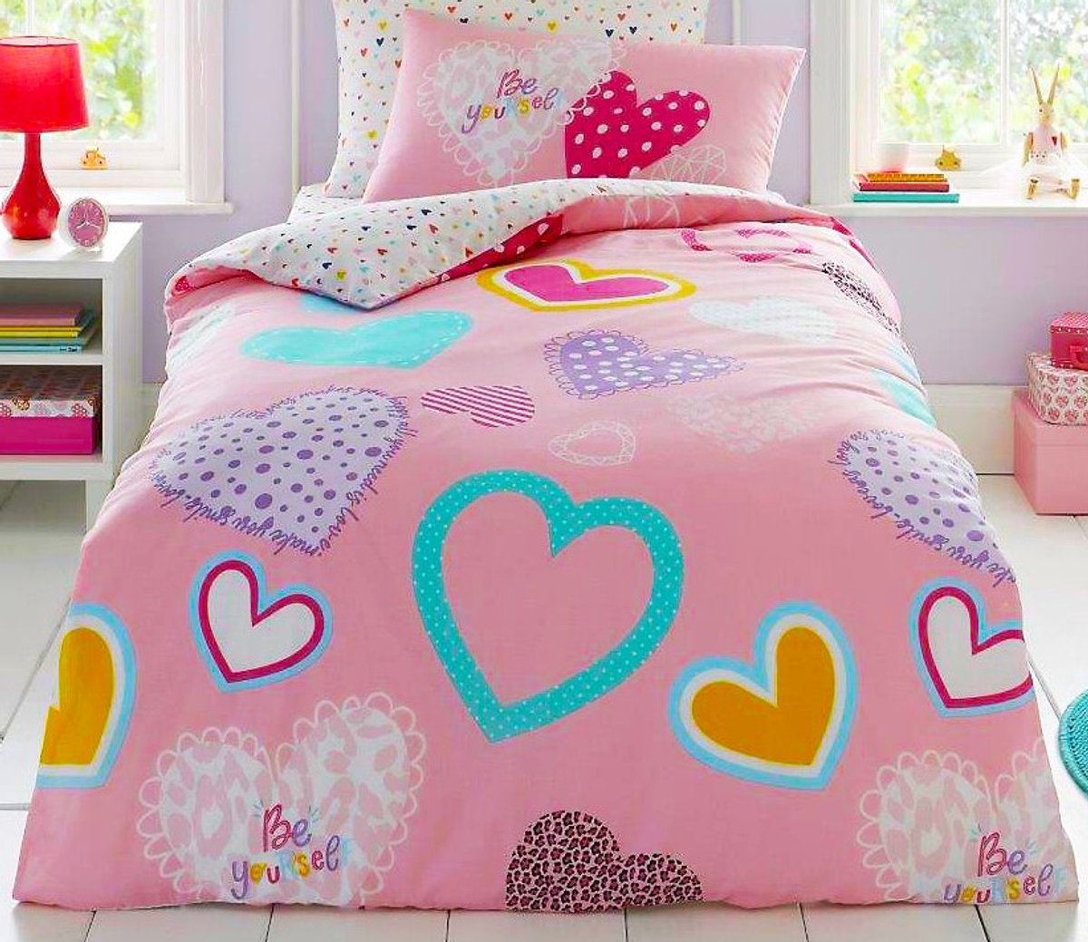 1-persoons meisjes dekbedovertrek (dekbed hoes) roze met verschillende retro hartjes / harten in patchwork, stippen en pastel tinten eenpersoons 140 x 200 cm (lief beddengoed kinderkamer / tieners)