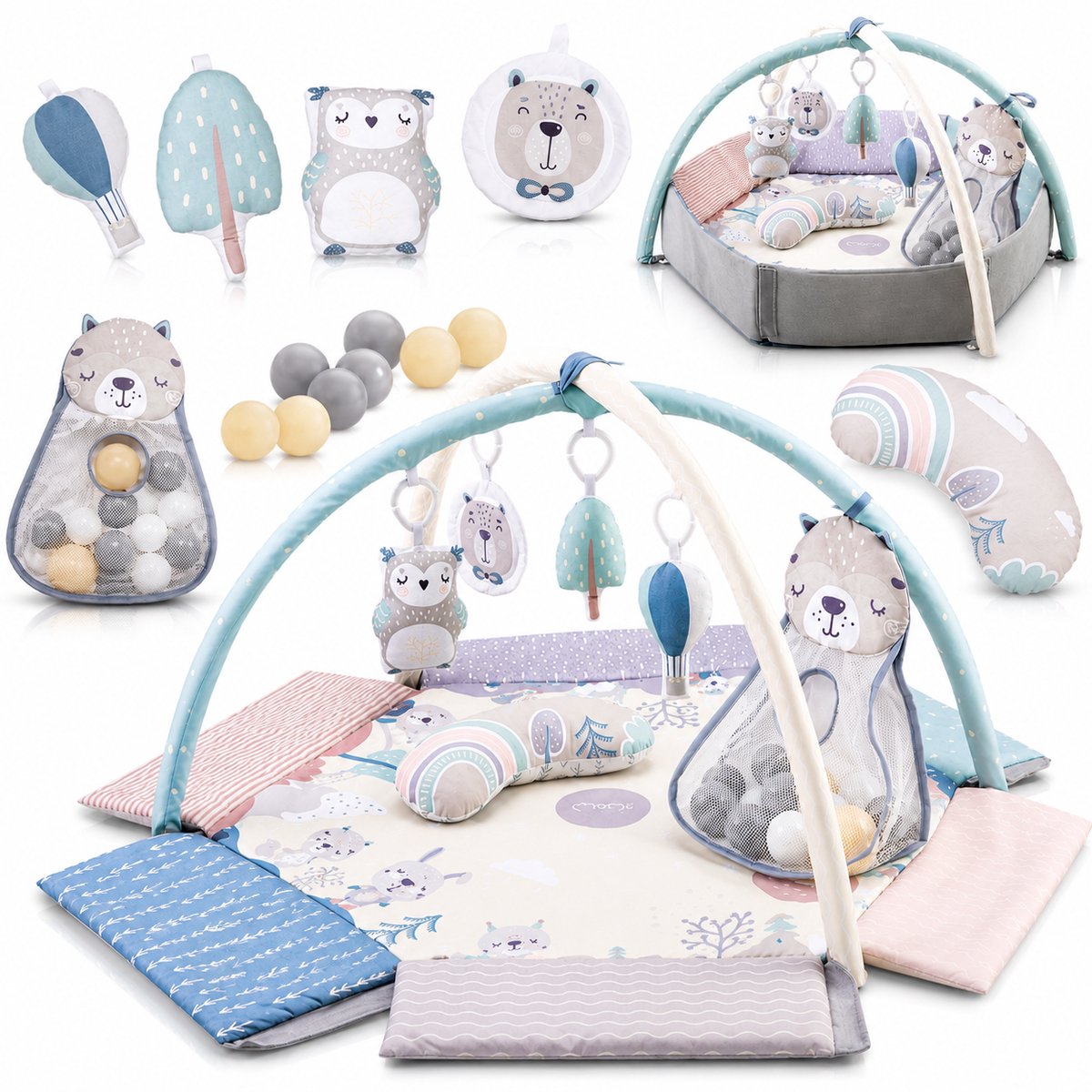 MoMi Pastel - Speelmat Baby - Ballenbak - Sensorisch Speelkleed - Met Speelboog & 20 Ballen
