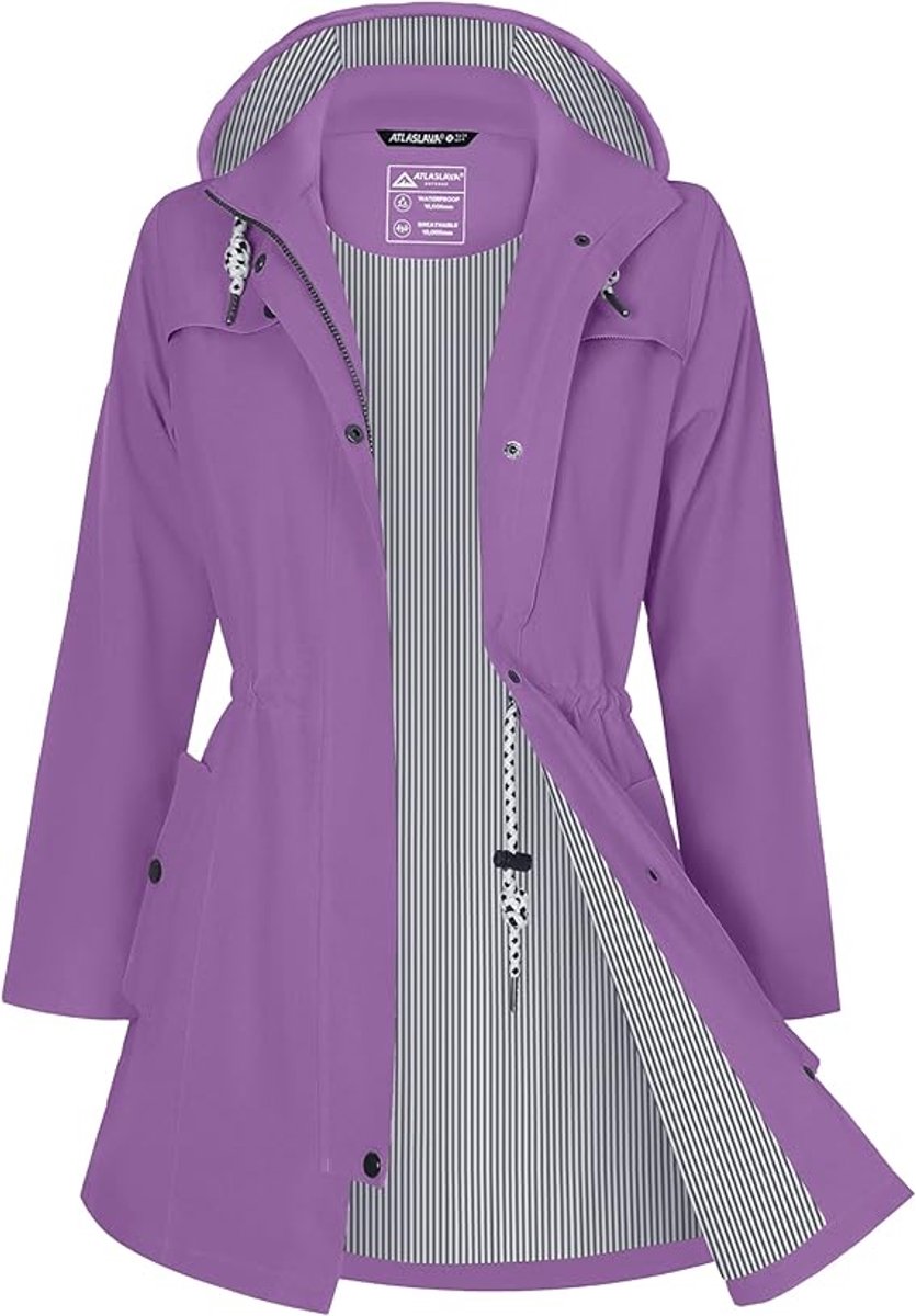 Daity Regenjas dames lang waterdicht en ademend met capuchon voor buiten Paars
