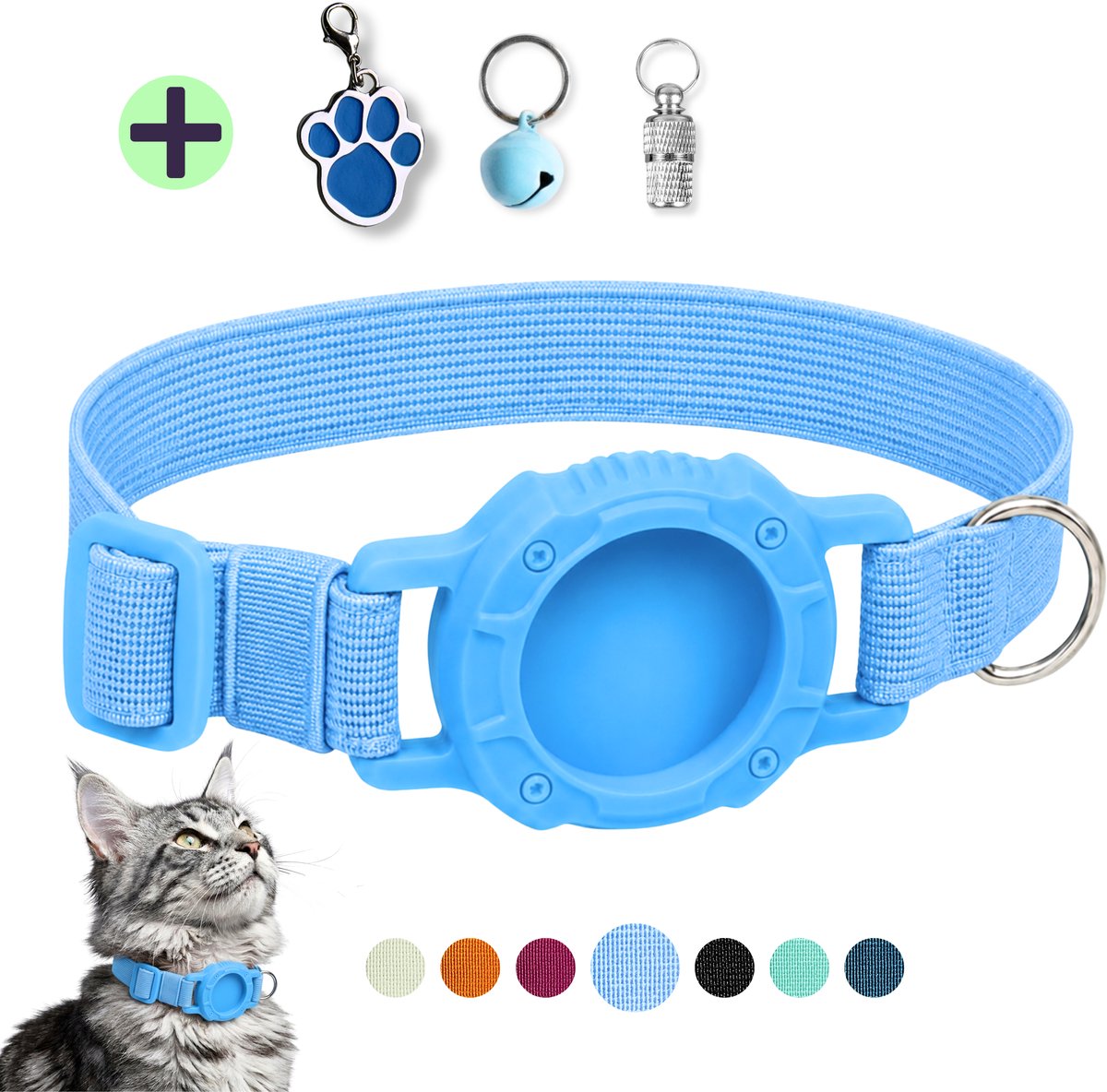 WHISKERZ® CORE Veilige Elastische Kattenhalsband met Tag Houder - Geschikt Voor Apple AirTag - Blauw - Anti Kras, Rekbaar, Verstelbaar en Lichtgewicht - Inclusief Adreskoker en Belletje - Halsband voor Kat