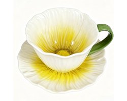 Flower Pattern Ceramic Coffee Cup and Saucer Set - 10oz - Gradient Yellow Espresso Cups for Cappuccino and Latte - Microwave and Dishwasher Safe