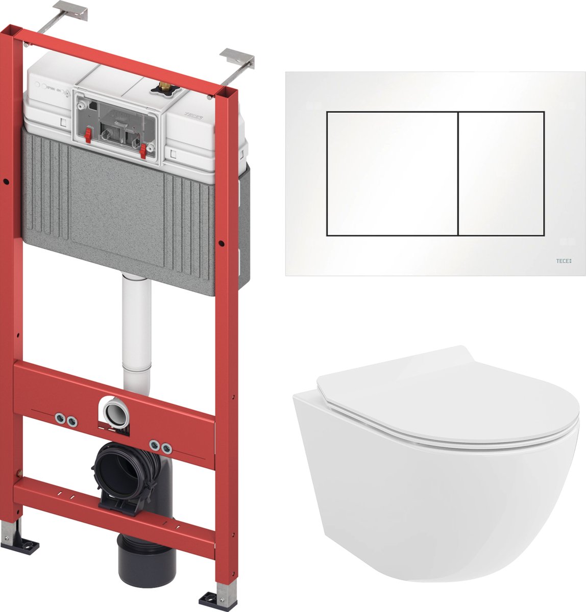 Badland Rolo toiletset - wandtoilet met TECEbase inbouwreservoir en bedieningsplaat wit - wit, vierkante knoppen
