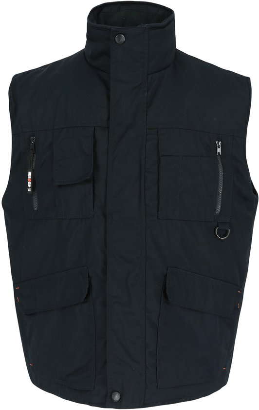 Zwarte bodywarmer met hoge kraag, opgestikte zakken en ritsen.