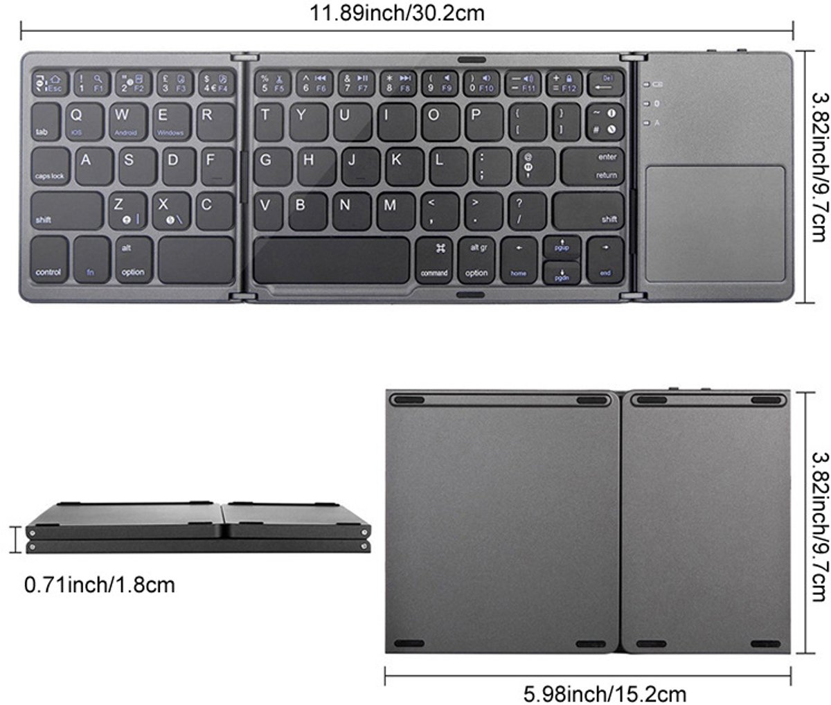 Toetsenbord-Draadloos Opvouwbaar / Inklapbaar Toetsenbord met Touchpad - Bluetooth Keyboard - Voor Tablet / (Windows) PC / Apple Mac - iPad - Samsung - iPhone - Macbook - iMac / Android - QWERTY - Opvouwbaar - Zwart thumbnail 3