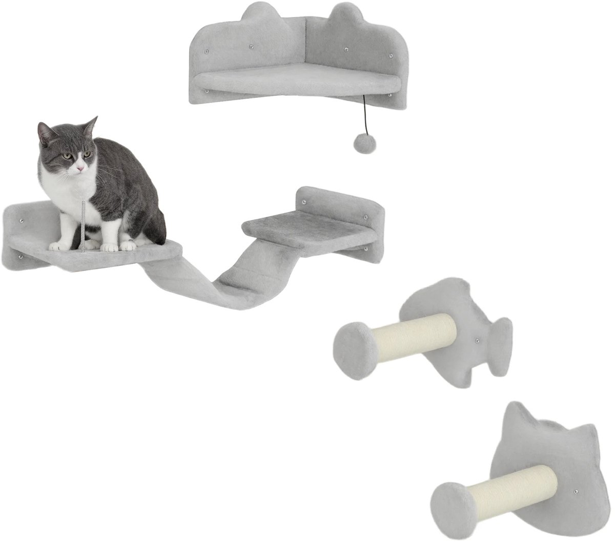 QUESTYR Kattenwandset – 4‑Delig – Lichtgrijs – Wandplanken met Sisalpalen, Ladder & Springplatform – Klimwand voor Katten