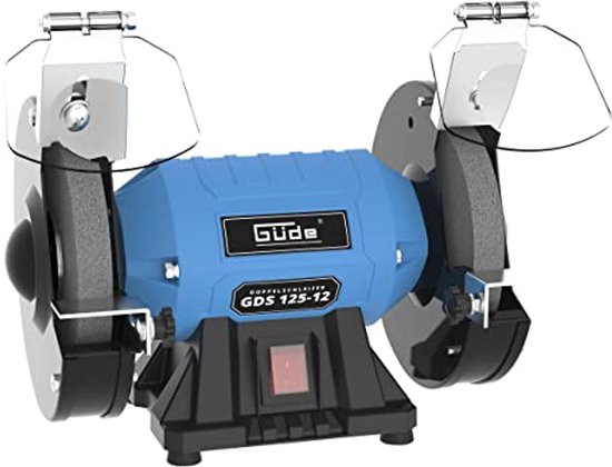 Blauwe GUDE GDS 125-12 slijpmachine met twee grijze slijpstenen en heldere afschermkappen.