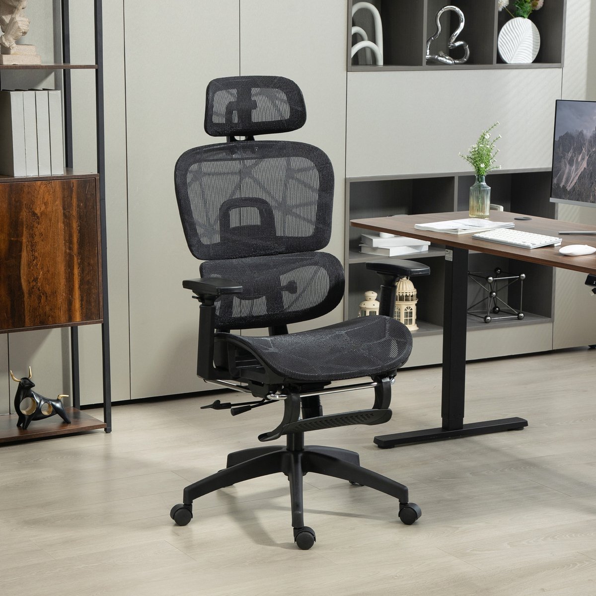 MIVRAY Ergonomische Bureaustoel Met Hoofdsteun, Lendensteun En Voetensteun - Voor Kantoor - Polyester - Zwart