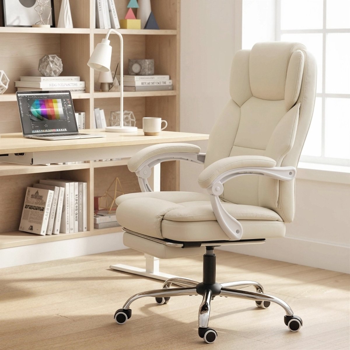 OKWISH Bureaustoel Met Relaxfunctie - Hoogte Verstelbaar En 155° Kantelbaar - Voor Werk En Ontspanning - Kunstleer - Beige