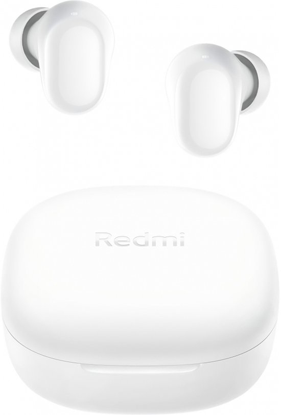 Écouteurs Redmi blancs avec étui de chargement blanc.