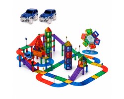 Magnetic tiles racebaan - 110 stuks - Magnetische tegels - Speelgoed - Travel set - Constructiespeelgoed - Magneet tegels - Montessori - Met 2 magna auto's