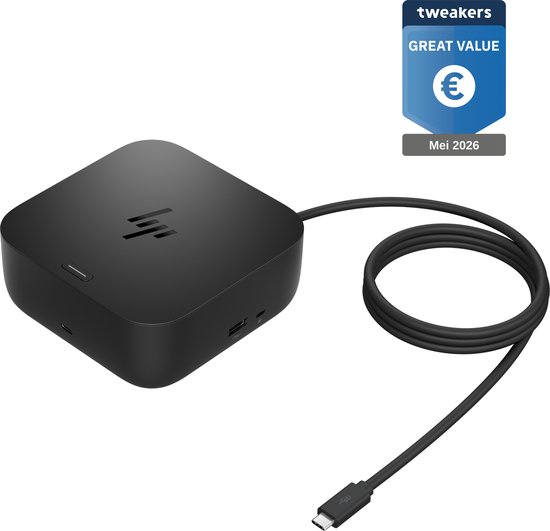 Zwart, vierkant HP dockingstation met een USB-C kabel.