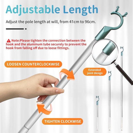 Haak voor zolderluik - Uitschuifbare stok - Dakramen openen - Lichtgewicht aluminium - 96 cm lengte - Zilver — afbeelding 2