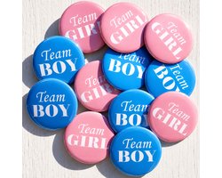 Set met 12 genderreveal buttons Team Boy blauw en Team Girl roze met witte tekst - genderreveal - button - babyshower - geboorte