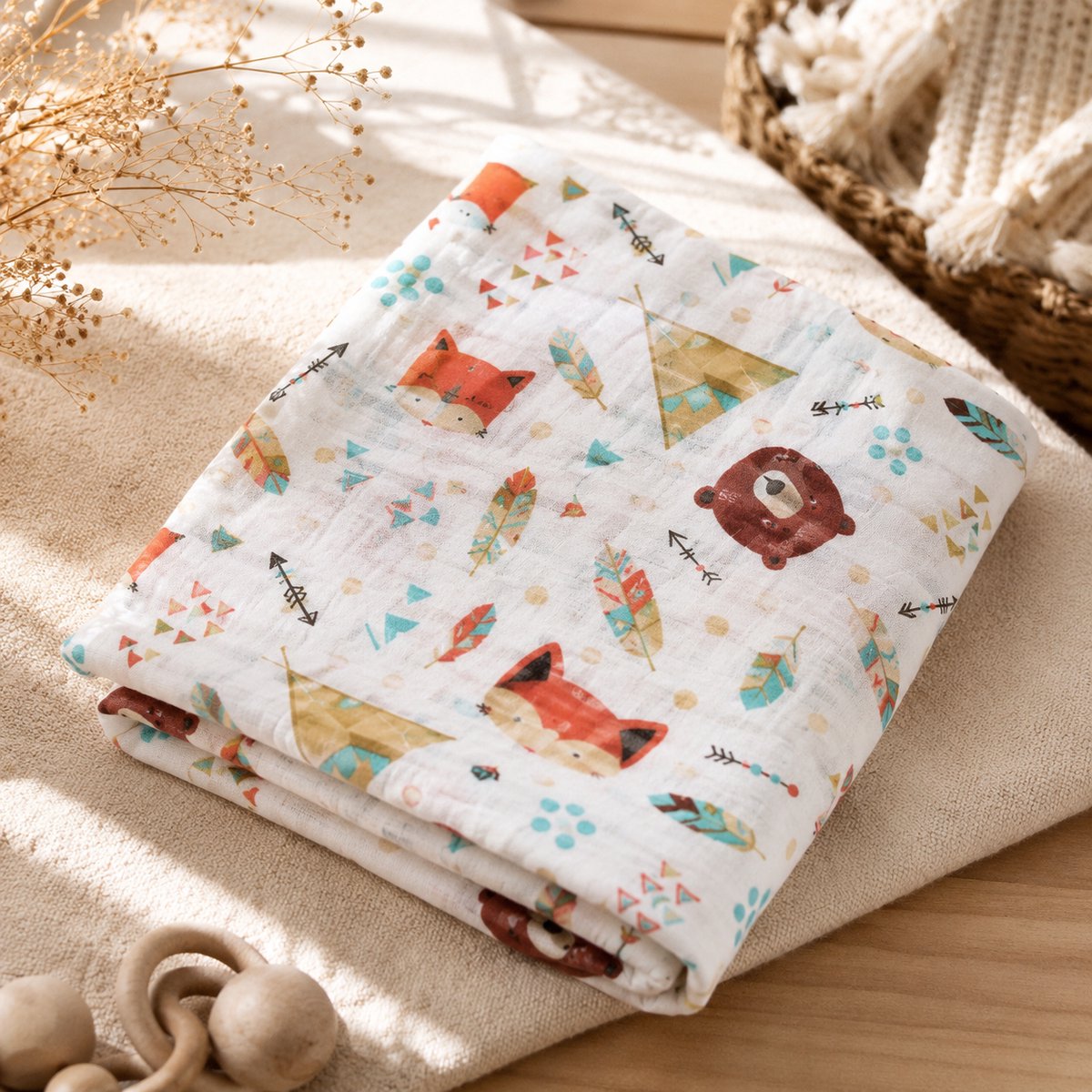 Hydrofiele Doek XL – 120x120 cm – Inbakerdoek & Swaddle – Tipi Tent Beer – Baby Katoen – Multifunctioneel Kraamcadeau