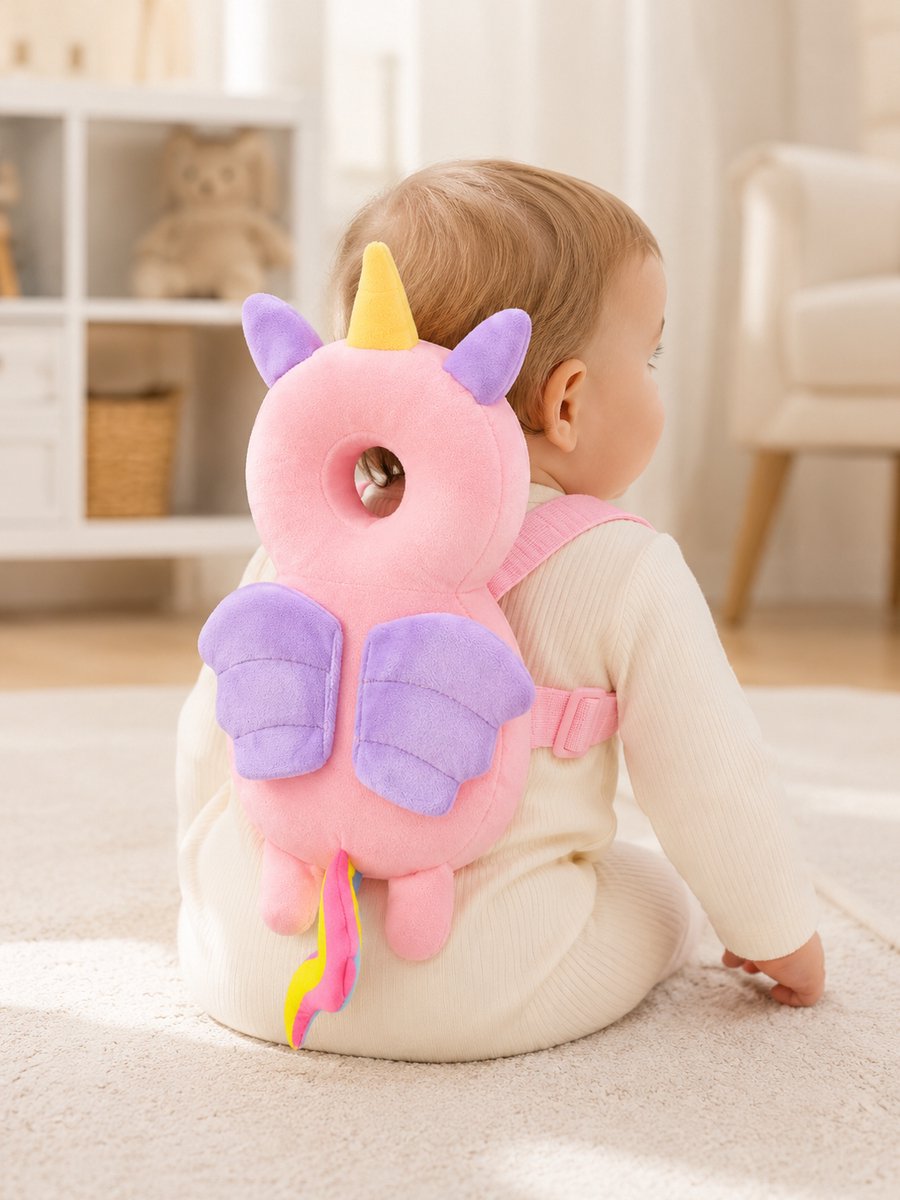Baby Hoofdbescherming Kussen – Roze Eenhoorn – Rugbeschermer voor Baby – Hoofdbeschermer Baby – Verstelbare Veiligheidsrugzak – 6 tot 24 Maanden