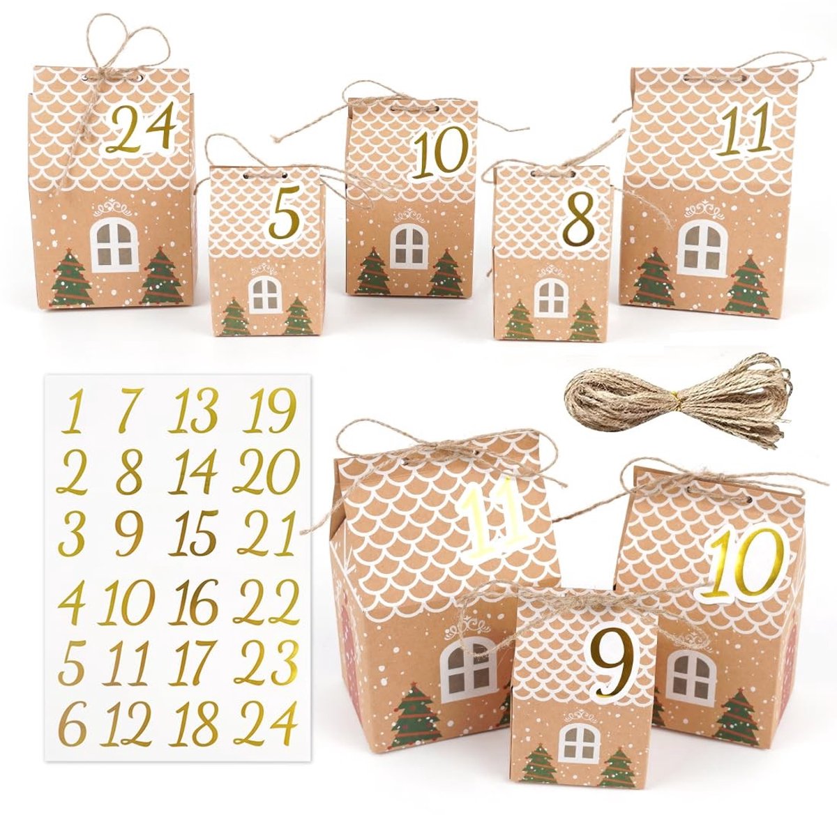 Dailygoods- Adventskalender om te vullen - 24 Dozen - 3 Maten - Cijferstickers - Doe-het-zelf - Premium Papier - Herbruikbaar - Kerstkalender