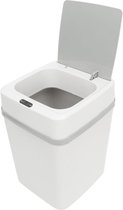 Witte prullenbak met deksel open, grijze band. Grijze deksel is omhoog geklapt.