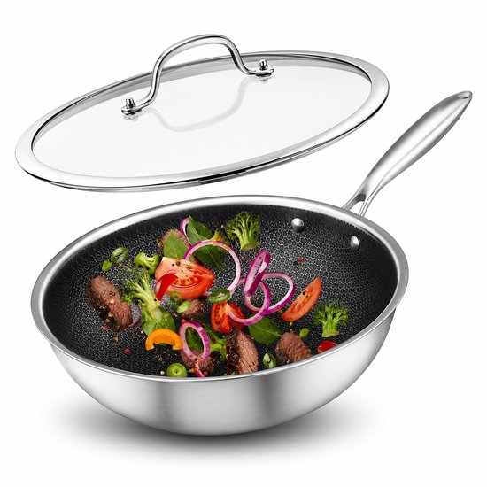 Swiss Haus® ZGW30 Wokpan Inductie met Deksel - Ø 30 cm / 4.8 Liter - PFAS Vrij - Wokpannen Voor Alle Warmtebronnen - Wok Pan met Honingraat Anti-aanbak - Krasbestendig - Oven & Vaatwasbestendig - RVSVS