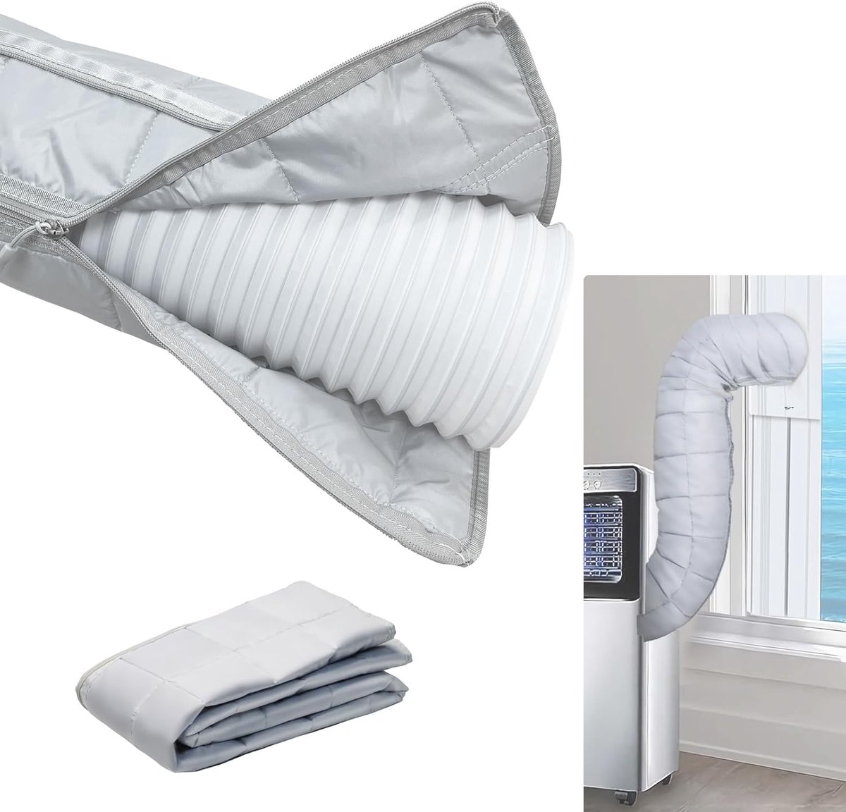 1 Warmte-isolerende hoes voor airconditioningslang – 150 x 55 cm – Opvouwbaar – Draagbaar – Geschikt voor uitlaatpijpen met een diameter van 5,1 inch en 5,9 inch (ongeveer 13 cm en 15 cm) – Zilver