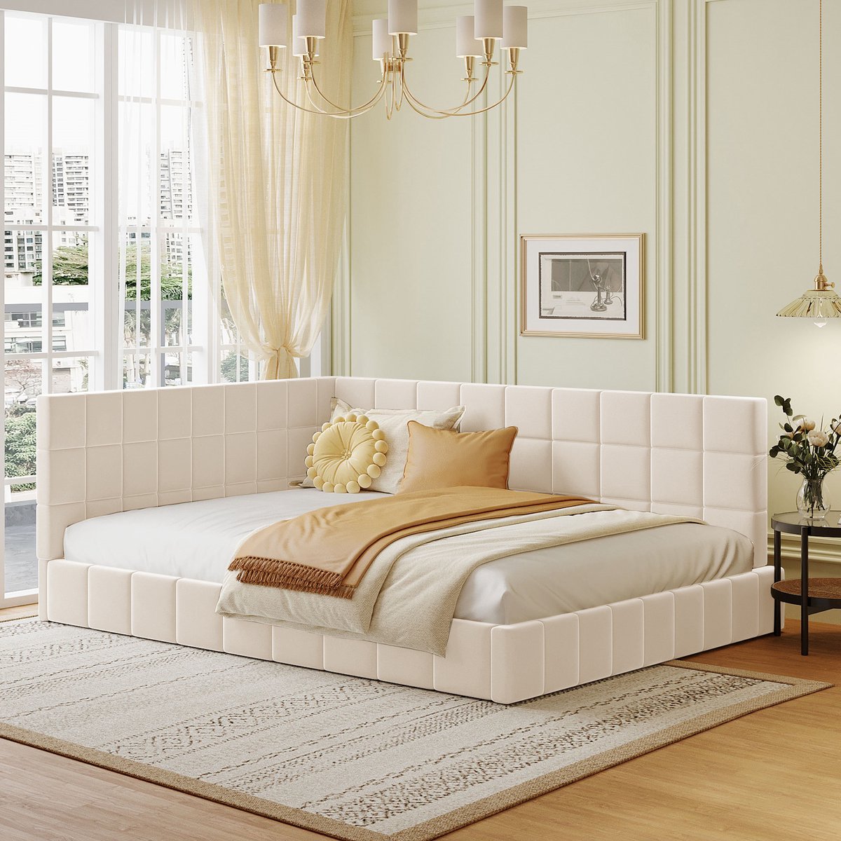 Solvenrik Velvet Dagbed 140x200 Beige – Gestoffeerd Slaapbank Bed met Rugleuning