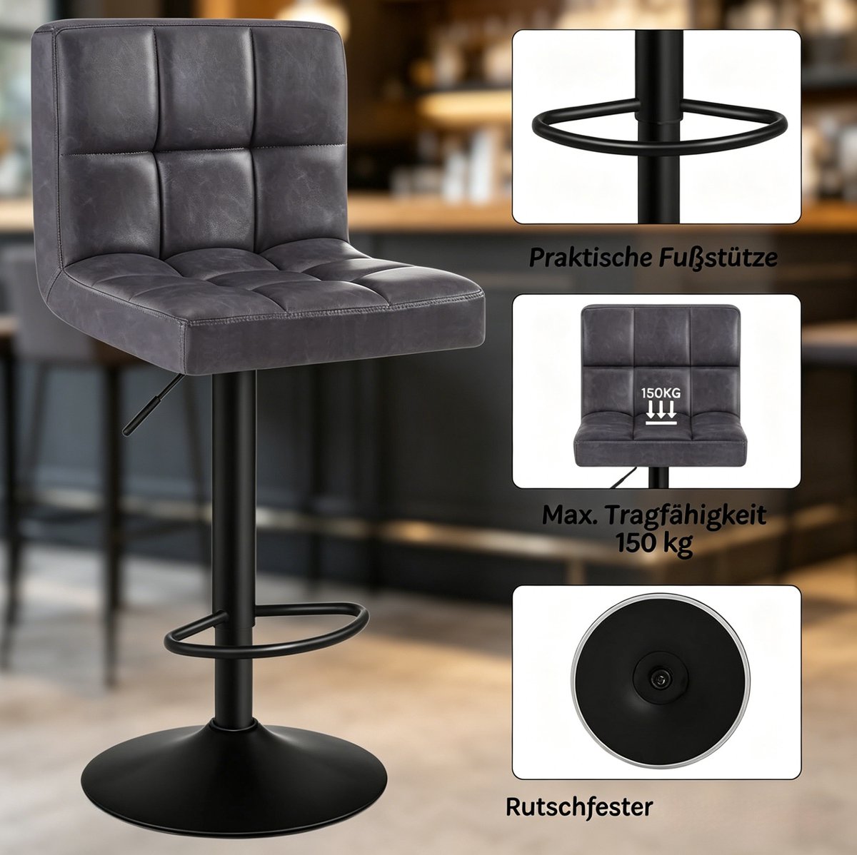 MODENUIT Barkruk 60-82 cm - Draaibaar En In Hoogte Verstelbaar - Voor Keukeneiland En Bar - Kunstleer Antraciet