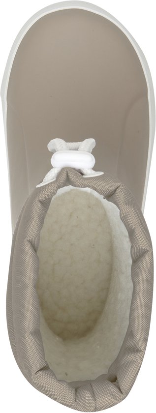 Bovenaanzicht van zandkleurige regenlaars met witte zool en gevoerde binnenkant.