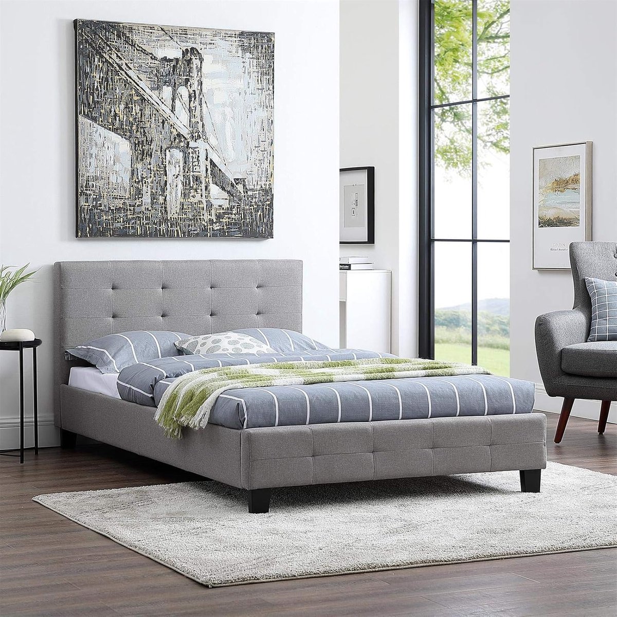 Milano Luxe Gestoffeerd Eenpersoonsbed 120x200 cm met Lattenbodem en Hoofdbord in Grijze Stoffen Bekleding – Modern Design Bed 128x215x87 cm