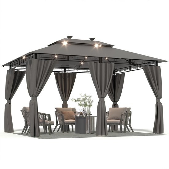 Devoko Tuinpaviljoen 3x4 m - LED-verlichting op zonne-energie - Instelbare helderheid-timerfunctie - waterdicht en UV-bestendig - ademend dubbel dak - met 6 zijwanden - Grijs