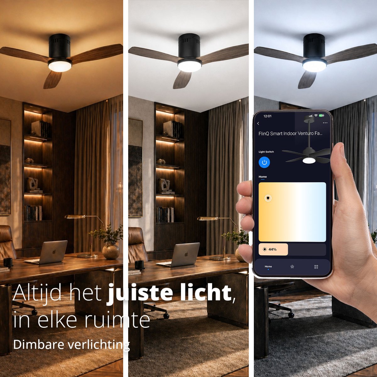 FlinQ Venturo Smart Plafondventilator met Verlichting - Ventilator voor aan het Plafond - Ideaal voor op de Slaapkamer - Bestuurbaar met App of Afstandsbediening thumbnail 6